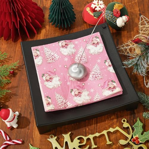 80 Pack Pink Christmas Napkins Santa Xmas Tree Disposable Napkins Merry Christmas Paper Luncheon Napkins for Xmas Winter Holiday Birthday Party Supplies, 6.5 x 6.5 Inch