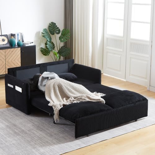 64.5" 3-in-1 Corduroy Convertible Sleeper Sofa Bed – Pull-Out Loveseat with Side Pockets & 2 Pillows