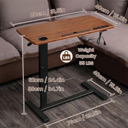 Overbed Table with Wheels, Height Adjustable Hospital Bedside Table, Mobile Laptop Portable Table, Rolling Standing Desk with USB Port, Cup Holder and Tablet Slot
