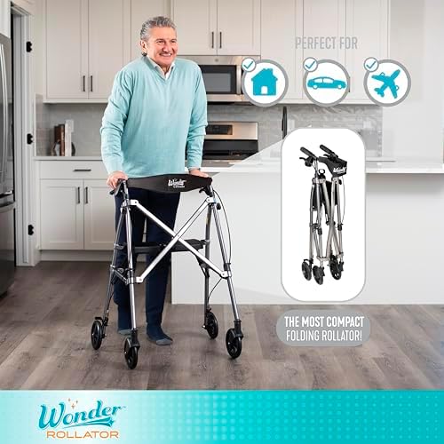 Stander Space Saver Rollator Short, Lightweight Folding Walker with Seat for Juniors & Petite Adults, 4-Wheel Mobility Aid with 6-inch Wheels, Locking Brakes, Padded Seat & Backrest, Vivid White