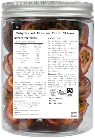 Dehydrated Dried Passion Fruit Slices | 50+ Slices | 100% Natural | Passion Fruit For Garnishing Cocktails Mocktails Cakes | 95 Grams, 3.35 oz | PET Recyclable Jar | Drink Botanicals Ireland