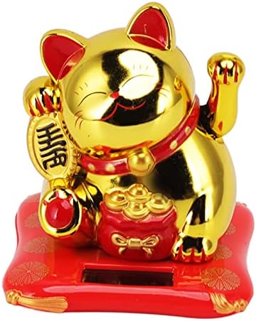 Solar Powered Lucky Cat Ornament, Waving Fortune Cat with Smiling Face, Gold Blessing Bag Design, Decorative Figurine for Home, Office, Car Dashboard