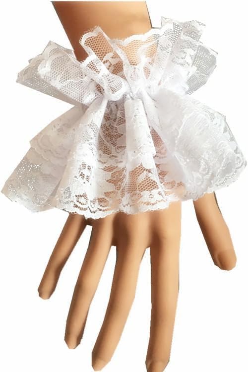 Lolita Lace Gloves 2 Pair White and Black Hand Sleeve Elastic Bracelet Women Ruffled Floral Lace Wrist Cuffs for Halloween Wedding Masquerade Party Costume Accessory