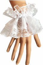 Lolita Lace Gloves 2 Pair White and Black Hand Sleeve Elastic Bracelet Women Ruffled Floral Lace Wrist Cuffs for Halloween Wedding Masquerade Party Costume Accessory