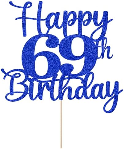 Kaoenla Glitter Happy 69th Birthday Cake Topper,Hello 69，Cheers to 69 Years,69th Anniversary /69 years old birthday Party Decor (69th, blue)