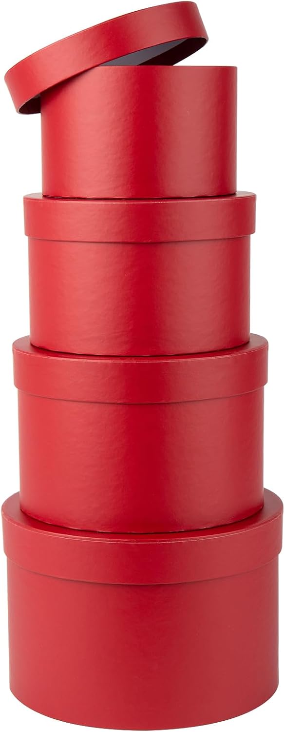 Round Gift Boxes with Lids Flower Boxes for Arrangements Red Round Boxes Set of 4 Nesting Gift Boxes with Lids for Flowers Arrangements Empty, Bridesmaid, Proposal, Wedding, Birthday, Party Favor
