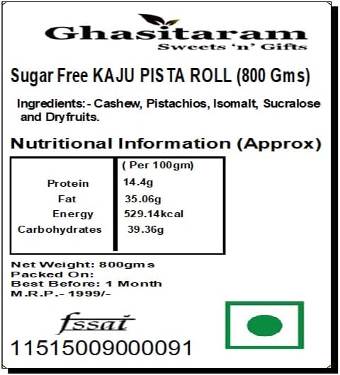 Ghasitaram Gifts Indian Sweets - Sugar Free KAJU PISTA ROLL (800 Gms)