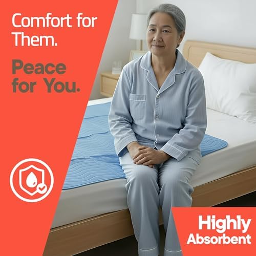 Washable Underpads Large 34"x36" (Pack of 5) – Reusable Waterproof Bed Pads for Adults & Seniors, Extra Heavy Absorbency Incontinence & Bedwetting Pads, Soft, Blue.