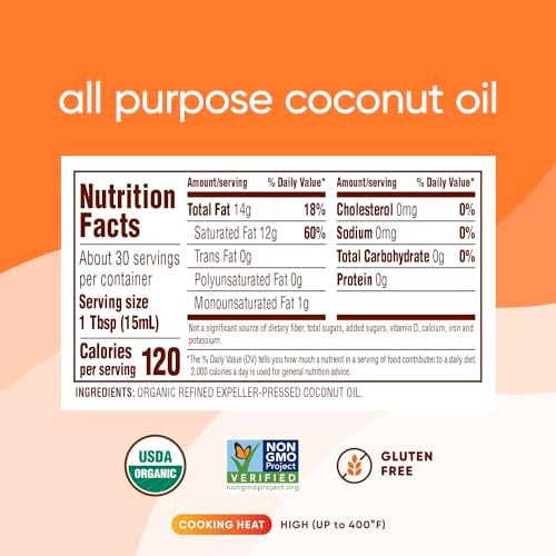 Nutiva Organic Steam-Refined Coconut Oil, 15 Fl Oz, USDA Organic, Non-GMO, Vegan, Keto, Paleo, Neutral Flavor and Aroma for Cooking & Natural Moisturizer for Skin and Hair