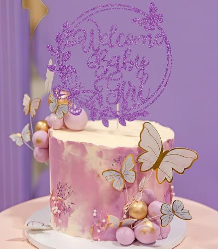 Welcome Baby Girl Cake Topper - Deep Purple Glitter Baby Shower Cake Decorations, Baby Girl Cake Decor, for Baby Shower/Birthday Party/Gender Reveal Party Photo Booth Props