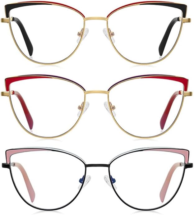 3Pack Womens Metal Rim Cat Eye Ladies Reading Glasses Stylish Blue Light Blocking Readers