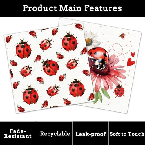 40Pcs Ladybug Disposable Paper Napkins Fancy Cute Ladybug Lunch Dinner Tableware Disposable Paper Napkin Black White Red Little Lady Beetle Flower Party Themed for Birthday Shower Party Supplies