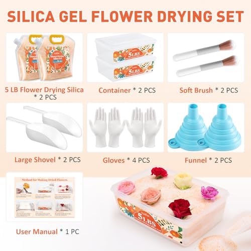 10LBS Silica Gel Flower Drying,Reusable Flower Drying Silica Gel Crystals with 2PCS 6L Airtight Containers, Color Indicating Flower Preservation Kit for Drying Flowers Bead Size<1mm