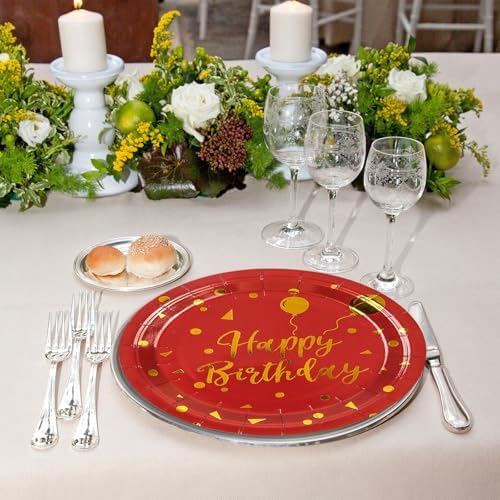 50 Pack Happy Birthday Red and Gold Paper Plates, 7 inch Metallic Foil Polka Dots Disposable Dessert Party Supplies for Graduation Wedding Holiday Christma Party Decorations