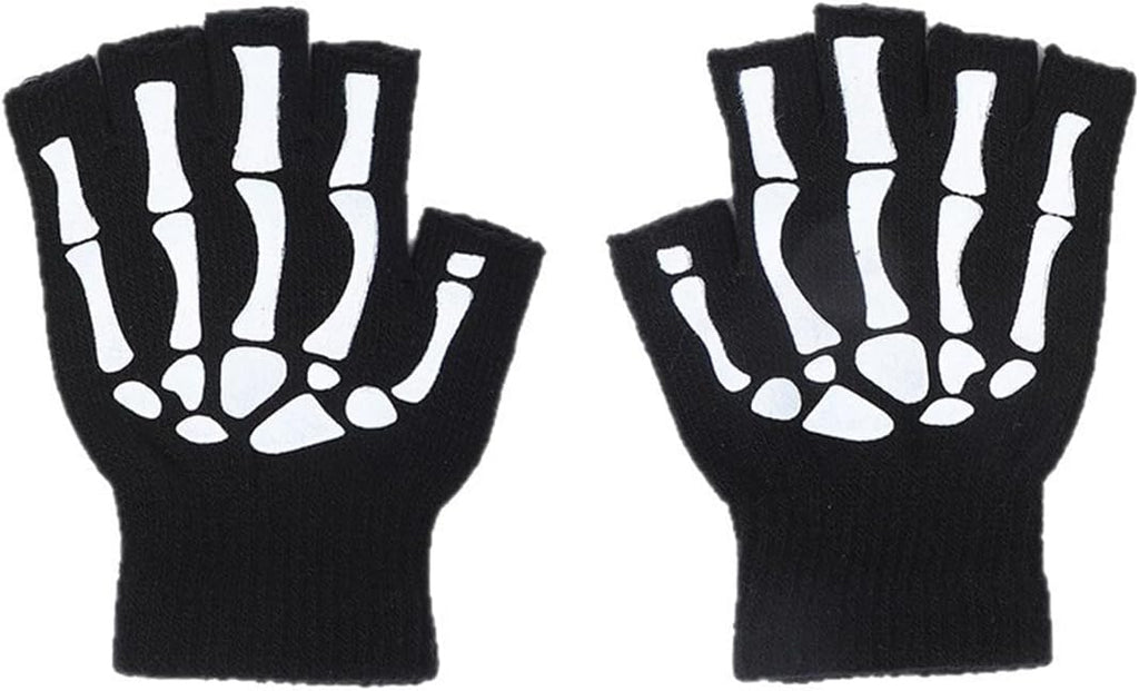 Gloves Skeleton Halloween Winter Skull Fingerless Night Luminous Ghost Claw Gloves Exposed Half Finger Elastic Mittens for Cosplay Costume Party Kids Adults