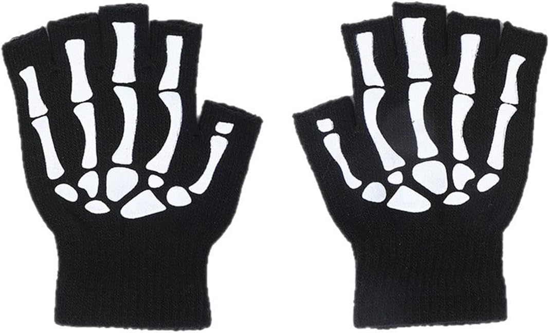 Gloves Skeleton Halloween Winter Skull Fingerless Night Luminous Ghost Claw Gloves Exposed Half Finger Elastic Mittens for Cosplay Costume Party Kids Adults