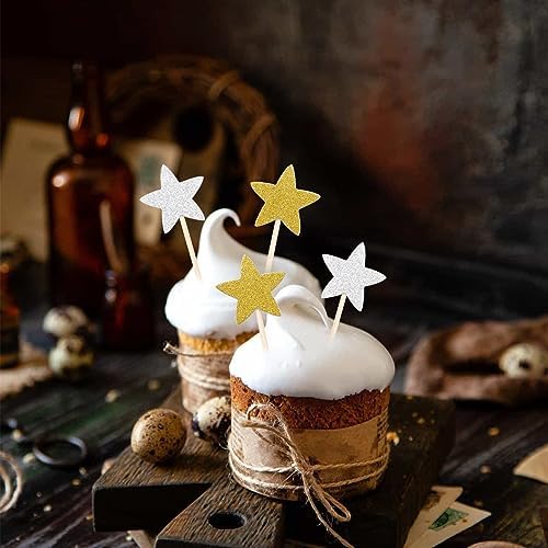 50 Pcs Star Cupcake Toppers Glitter Twinkle Star Cupcake Picks for Wedding Baby Shower Birthday Party(Gold,Silver)