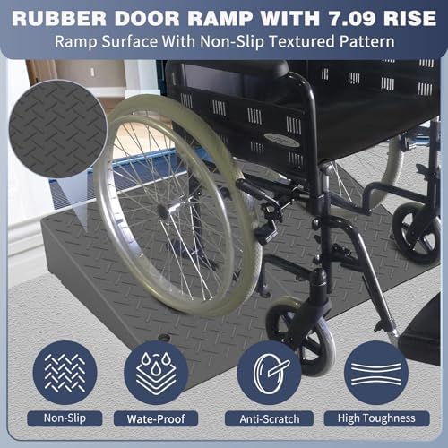 Rubber Threshold Ramp 7.09 Inch Rise, Wheelchair Rubber Door Ramp with Non-Slip Surface, Home Step Ramp with Channel for Wheelchairs/Cars/Scooters (2PCS, 2200LBs Loading)