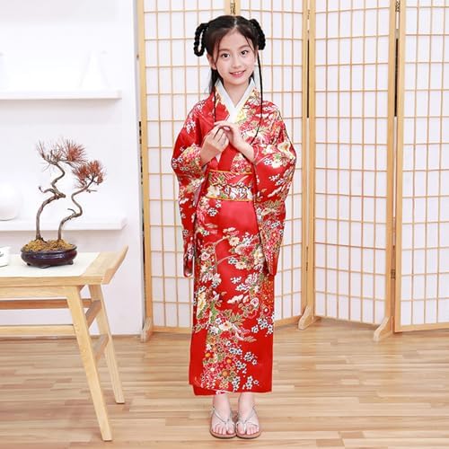 Halloween Costumes for Girls Japanese Anime Kimono Geisha Robe Outfit with Accessories 5pcs(120CM)Red