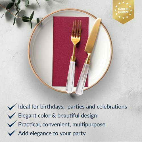PAW - 50-Pack Disposable Burgundy Linen-Feel Guest Towels 8" x 4" Folded, European Quality Hand Towels, Elegant Dinner Napkins for Special Occasions - Wedding, Birthday, Holiday, Bridal Shower