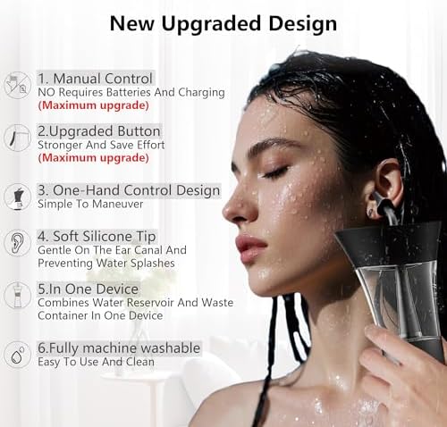 Manual Ear Wax Removal Kit - One-Hand Control Ear Cleaner Tool, Easy to Use Ear Irrigation Flushing System with Soft Silicone Tip for Effective & Safe to Clean Ear Built Up Wax Home Use(Black)