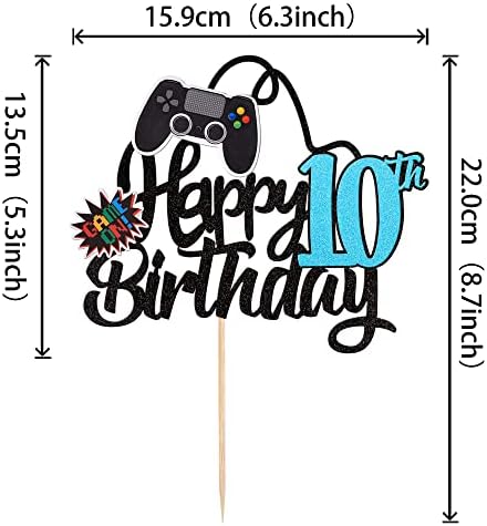 1 PCS Video Game Happy 10th Birthday Cake Topper Glitter Video Game Cake Pick Game On Controllers Ten Cheers to 10 Years Cake Decoration for Happy 10th Birthday Party Supplies Blue