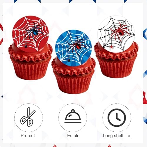 15pcs Edible Spider Edible Cake Topper, 5cm/2in Round Cartoon Theme Spider Birthday Cupcake Decorations Decor Picks for Kids Birthday Celebration Supplies