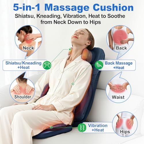 Shiatsu Massage Cushion for Neck and Back with Heat - 4D Kneading, Vibration for Relief Muscle Tension, Dual-Neck Design, Adjustable Intensity and Height for Office Chair, Home Use, Navy Blue