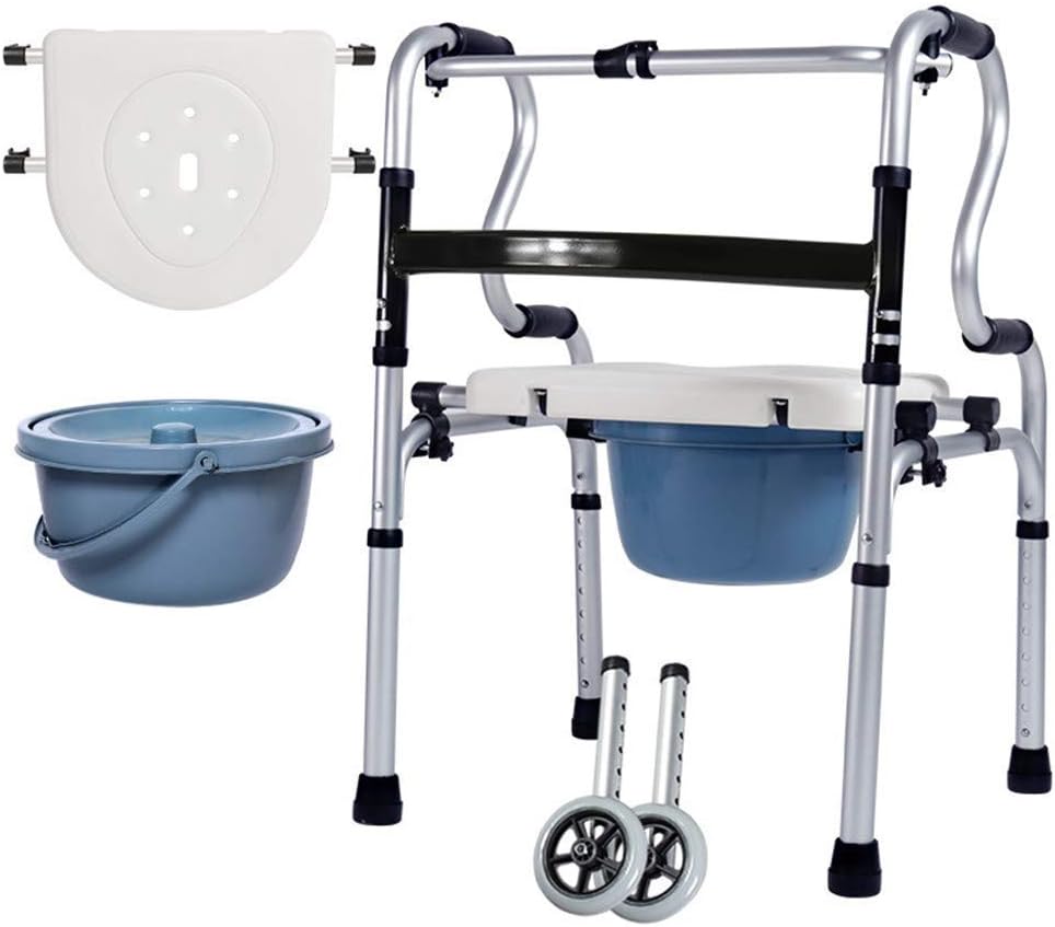 Folding Walker with Wheels Toilet Chair with Bucket and Shower Seat Adjustable Walker Disabled Wheelchair Storage Mobility Aid Walking Frame for Elderly Seniors Disabled,