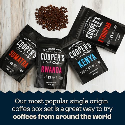 Gourmet Coffee Sampler Gift Box Set, Roasted Coffee Beans, Sumatra Dark, Kenya AA Medium-Dark, Rwanda Medium, Natural Ethiopian Light, Whole Bean, 4 Bags, 16 oz Total