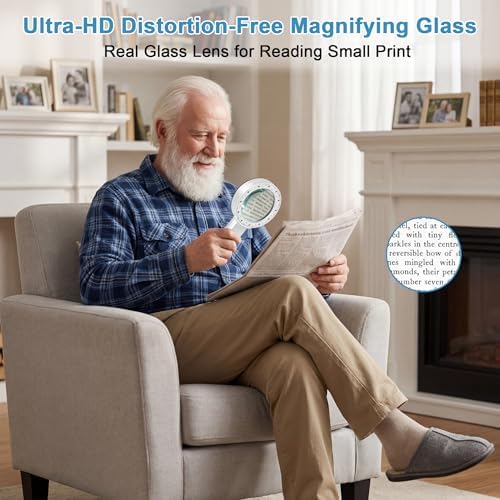 Ultra-Clear Magnifying Glass with Light, Lightweight Handheld Reading Magnifier with 12 LED, Optical Glass Lens for Seniors, Macular Degeneration, Close Work, Coins & Pill Bottle