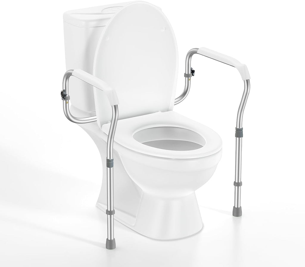 Toilet Safety Rail for Seniors with 2 Reinforced Nuts, Height & Width Adjustable Toilet Safety Frame for Elderly, Handicap & Disabled Bathroom Assist Rail with Armrests 250 LB (White)