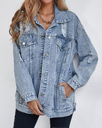 LifeShe Women's long oversized denim jacket boyfriend ripped distressed jean jackets coat