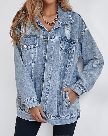 LifeShe Women's long oversized denim jacket boyfriend ripped distressed jean jackets coat