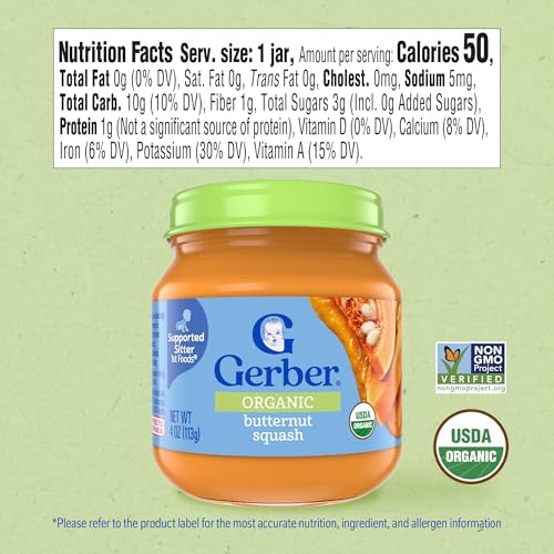 Gerber Stage 1 Baby Food, Organic Butternut Squash Jar, Baby Puree, Non-GMO, Vegetable, Puree Jars Glass, 10-pack