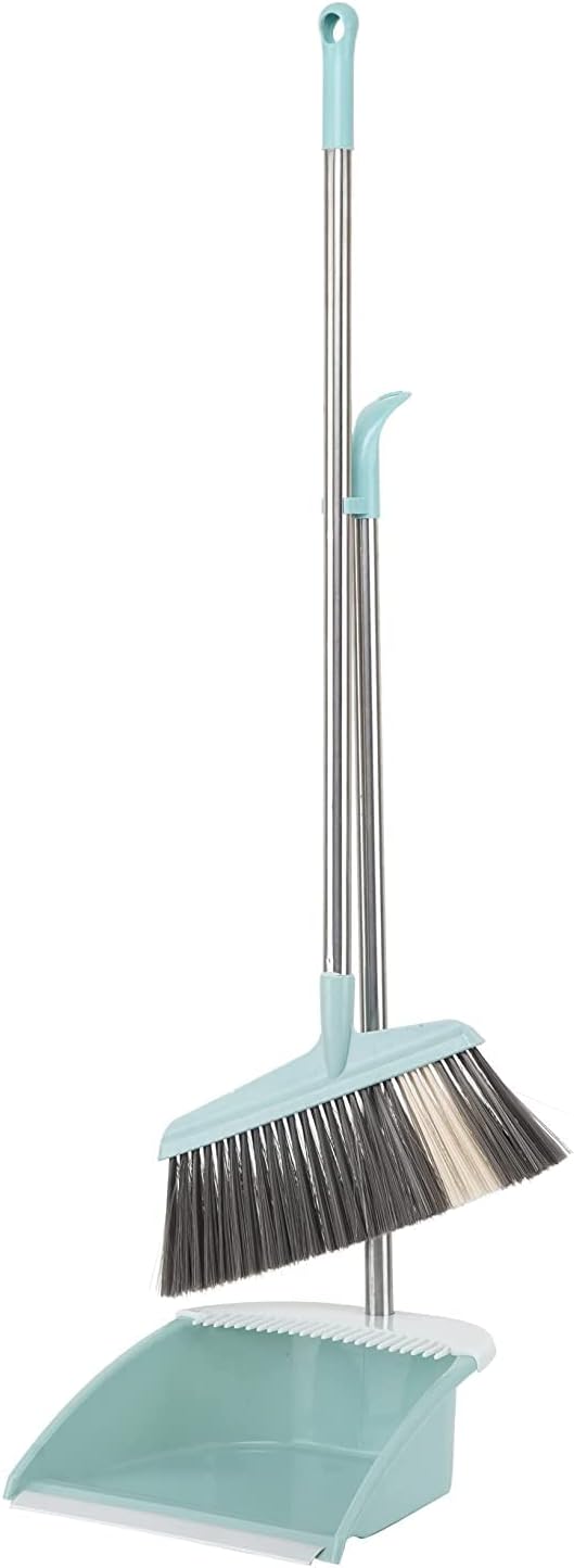 Broom and Dustpan Set for Home,Long Handle Broom with Upright Standing Dustpan,Broom and Dustpan Combo for Office Home Kitchen Lobby Floor Cleaning