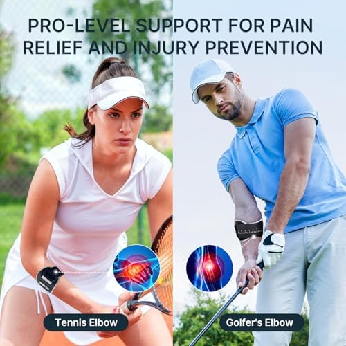 Fit Geno Elbow Brace for Tennis & Golfer's Elbow: Adjustable Elbow Strap for Tendonitis Pain Relief with Compression Pad - Support for Sports Men and Women - Forearm 10''-15.5'', 1 Pack, Black