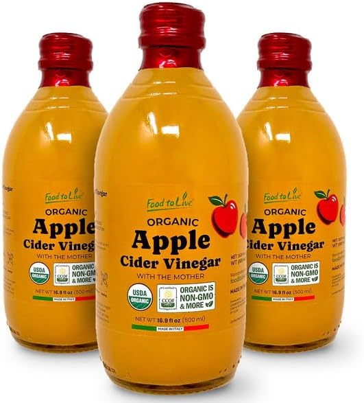 Food To Live Organic Apple Cider Vinegar, 500 ml – Raw Italian Natural Vinegar with the Mother, Unfiltered, Unpasteurized, Non-GMO, Vegan, Bulk, Glass Bottle (Pack of 3)