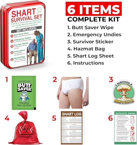Shart Survival Set - Funny Gag Gift 2026 Friend Gifts Includes Disposable Underwear, Hazmat Bag, Wet Wipe and More! Unique Stocking Suffers for Men Birthday Husband Teens Potty Humor Prank Him Fart