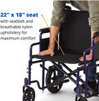 Medline Heavy Duty Transport Chair supports up to 500 lbs., Bariatric Transport Wheelchair, 22" x 18" seat, Blue Frame
