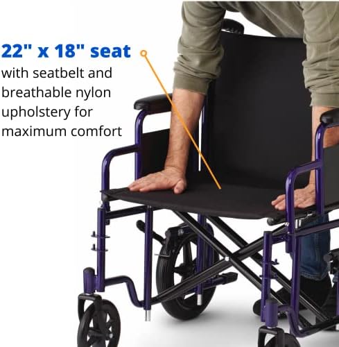 Medline Heavy Duty Transport Chair supports up to 500 lbs., Bariatric Transport Wheelchair, 22" x 18" seat, Blue Frame