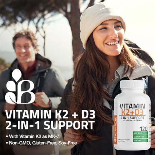 Bronson Vitamin K2 (MK7) with D3 Supplement Non-GMO Formula 5000 IU Vitamin D3 & 90 mcg K2 MK-7 Easy to Swallow D & K Complex, 120 Capsules