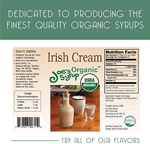 Joe’s Syrup Organic Flavored Syrup, Organic Irish Cream, 750 ml