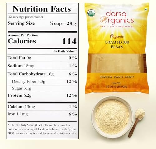 Darsa Organics Gram Flour - 2 lb Besan, Premium Grade USDA Organic Certified Chickpea Flour for Baking, Cooking & Skin Care, Chemical Free, Non-GMO, Vegan, Kosher, Ideal for Gluten Free Diets & Face Masks