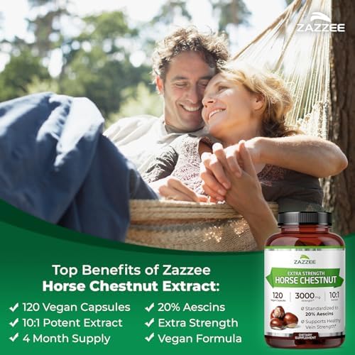 Zazzee Extra Strength Horse Chestnut 10:1 Extract, 20% Aescins, 120 Vegan Capsules, 4 Month Supply, Aesculus Hippocastanum, Healthy Circulation & Blood Flow Support, Non-GMO, Made in the USA