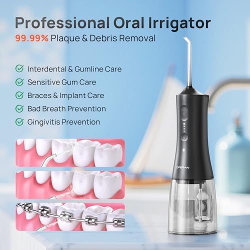 Operan Portable Water Flossers for Teeth, 300ml Water Dental Flossers for Adults, Kids, Braces Care, 4 Modes Water Picks for Teeth Cleaning and Flossing, Oral Irrigator Kit with 4 Tips, Black + 1Pack