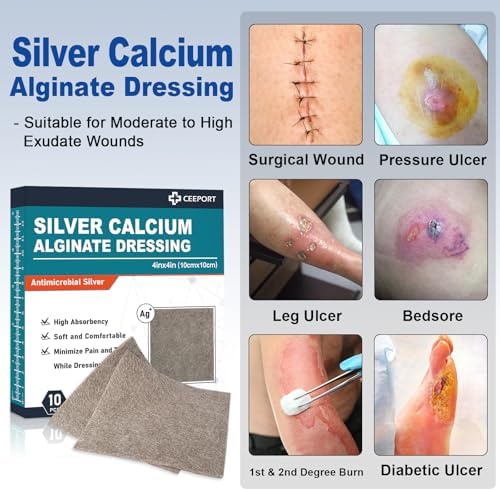 Ceeport Ag Silver Calcium Alginate Wound Dressing Pads, 4''x4'' Patches, 10 Individual Pack, Soft Silver Dressings for Wound Care, Gentle Highly Absorbent Dressing, Non Stick Gauze Pads for Wounds