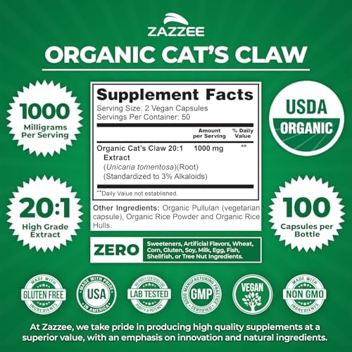 Zazzee USDA Organic Cat’s Claw 20:1 Extract, 1000 mg per Serving, 3% Alkaloids, 100 Vegan Capsules, Uncaria Tomentosa, Immune, Joint & Antioxidant Support, All-Natural, Non-GMO, Made in the USA