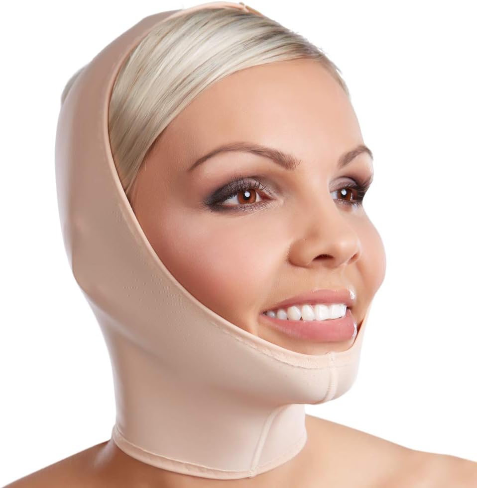 LIPOELASTIC FM Special- Post surgey Compression Facemask Covers with Adjustable Fastening- Neck and Chin Compression Wrap, Jowl Tightening (Small, Black)