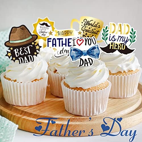 Father's Day Cupcake Toppers 48pcs Happy Fathers Day Cake Toppers I Love My Dad Best Dad Cupcake Picks with Beard Tie Signs for Father's Day Party Cupcake Decorations
